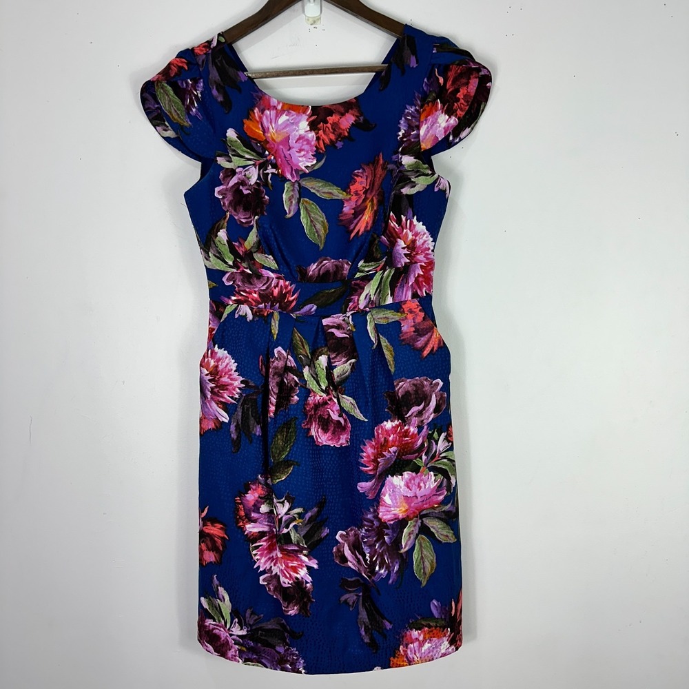 Moulinette Soeurs Floral Sheath Dress Womens‎ 4 Blue Cap Sleeve Pleated Anthro